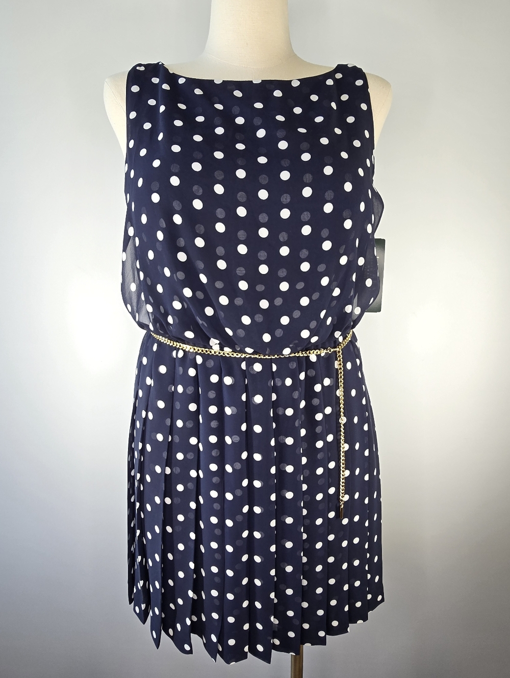 Lauren Ralph Lauren Navy White Polka Dot Pleated Chiffon Midi Dress Size 14P NWT